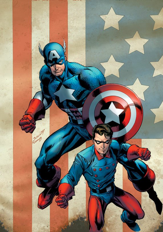 Comic-style illustration of Captain America and Bucky Barnes posed in action in front of a vintage American flag backdrop, symbolizing their roles as Avengers.