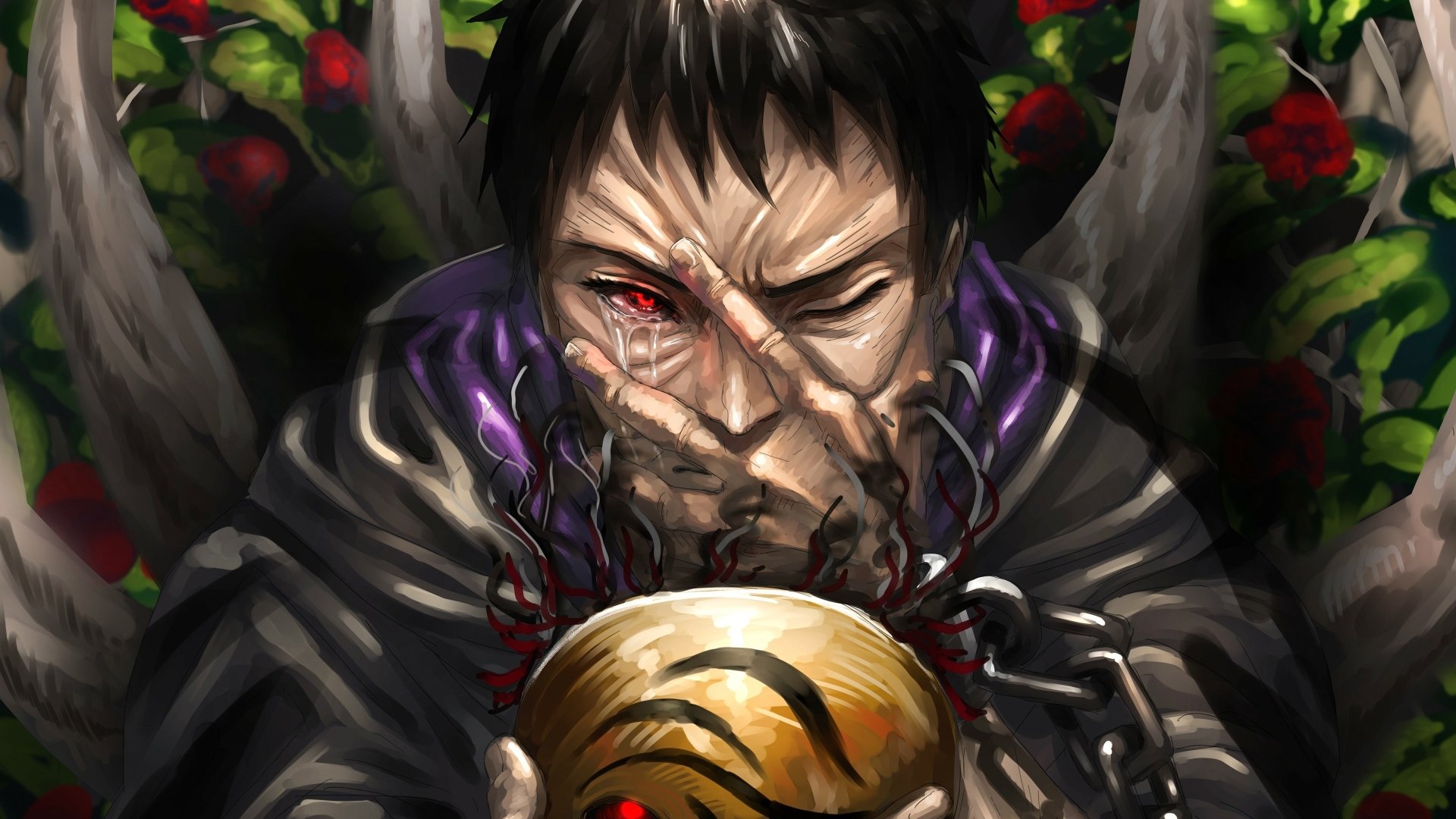 Obito Uchiha from Naruto anime, holding a mask with a serious expression, surrounded by dark shadows and red flowers in the background.