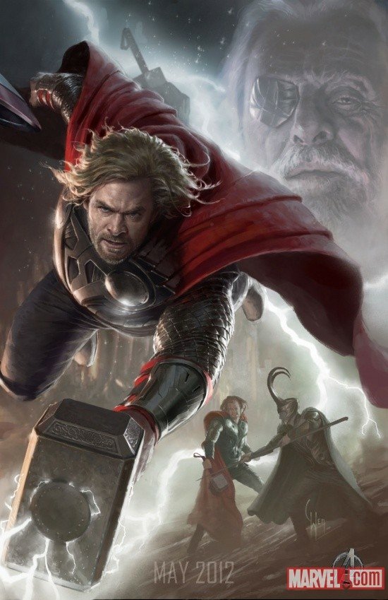 Thor flies forward wielding Mjolnir as Loki and Thor face each other below, with Odin’s ghostly visage looming in the background in this Marvel Avengers comic scene.