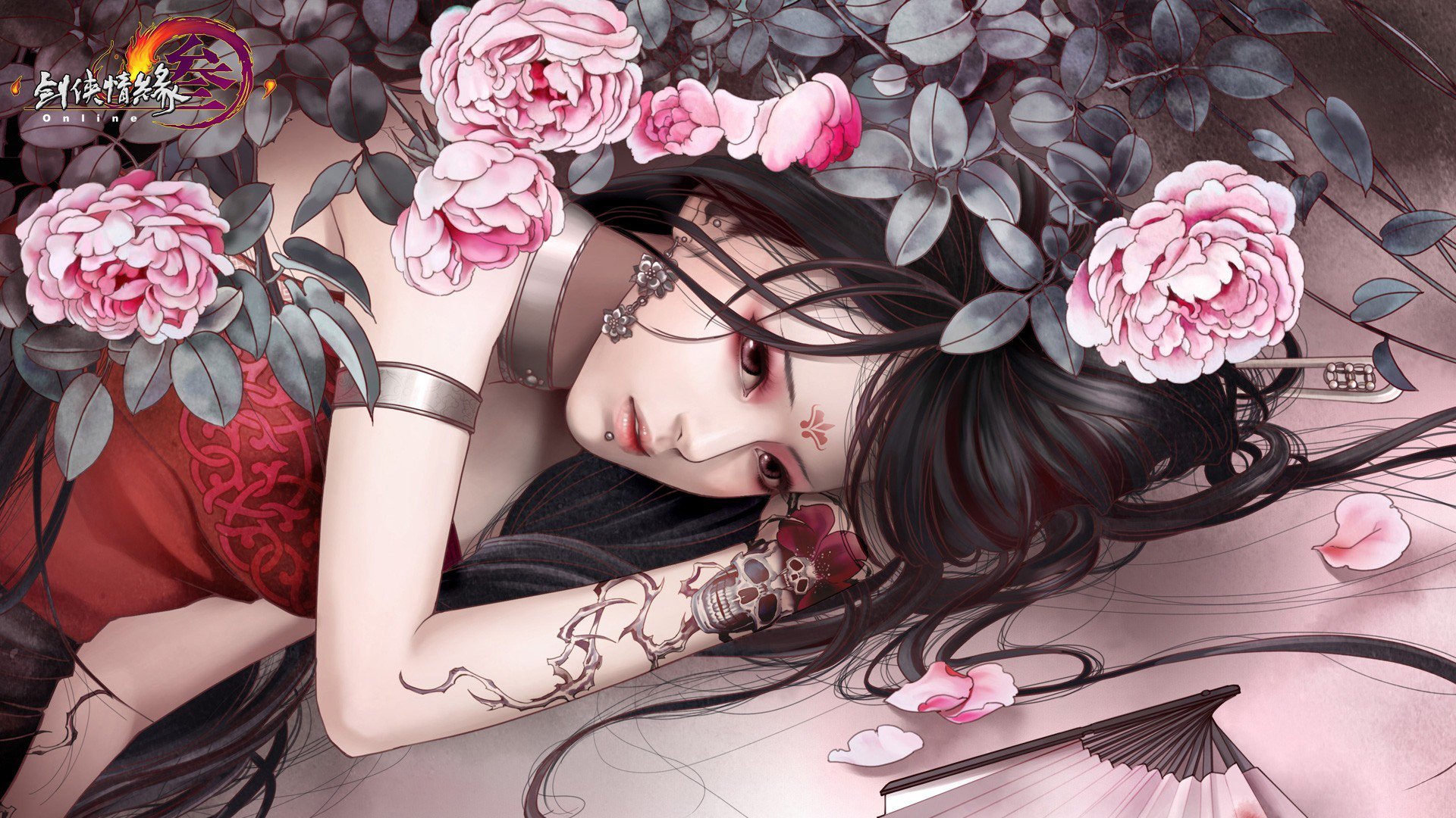 A character from the video game JX Online, depicted with long black hair adorned with roses, gracefully reclines, showcasing intricate tattoos and a serene expression.