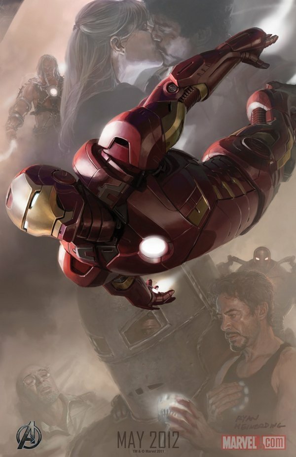 Iron Man in full armor flies forward, with background scenes featuring Tony Stark, Pepper Potts, and Whiplash from Marvel's Avengers comic, referencing May 2012.