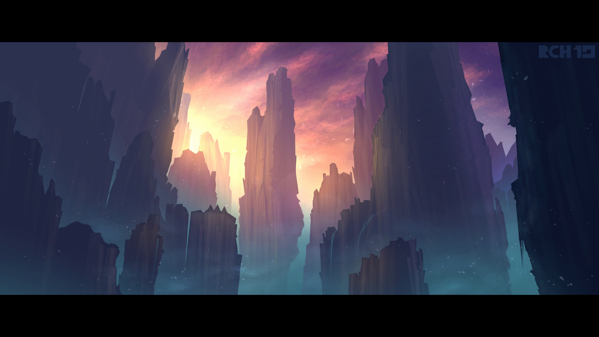 A dramatic, stylized landscape with towering rock formations and a glowing sunset, evoking an epic scene from the video game Geometry Dash.