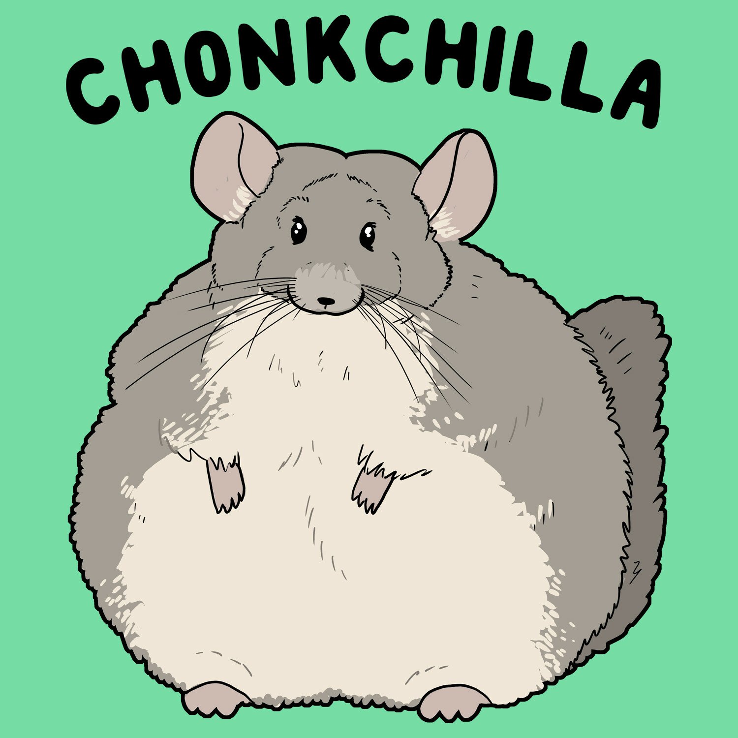Cute cartoon chonk chinchilla — a round, fluffy gray-and-white rodent with tiny paws and big ears, captioned CHONKCHILLA on a mint-green background.