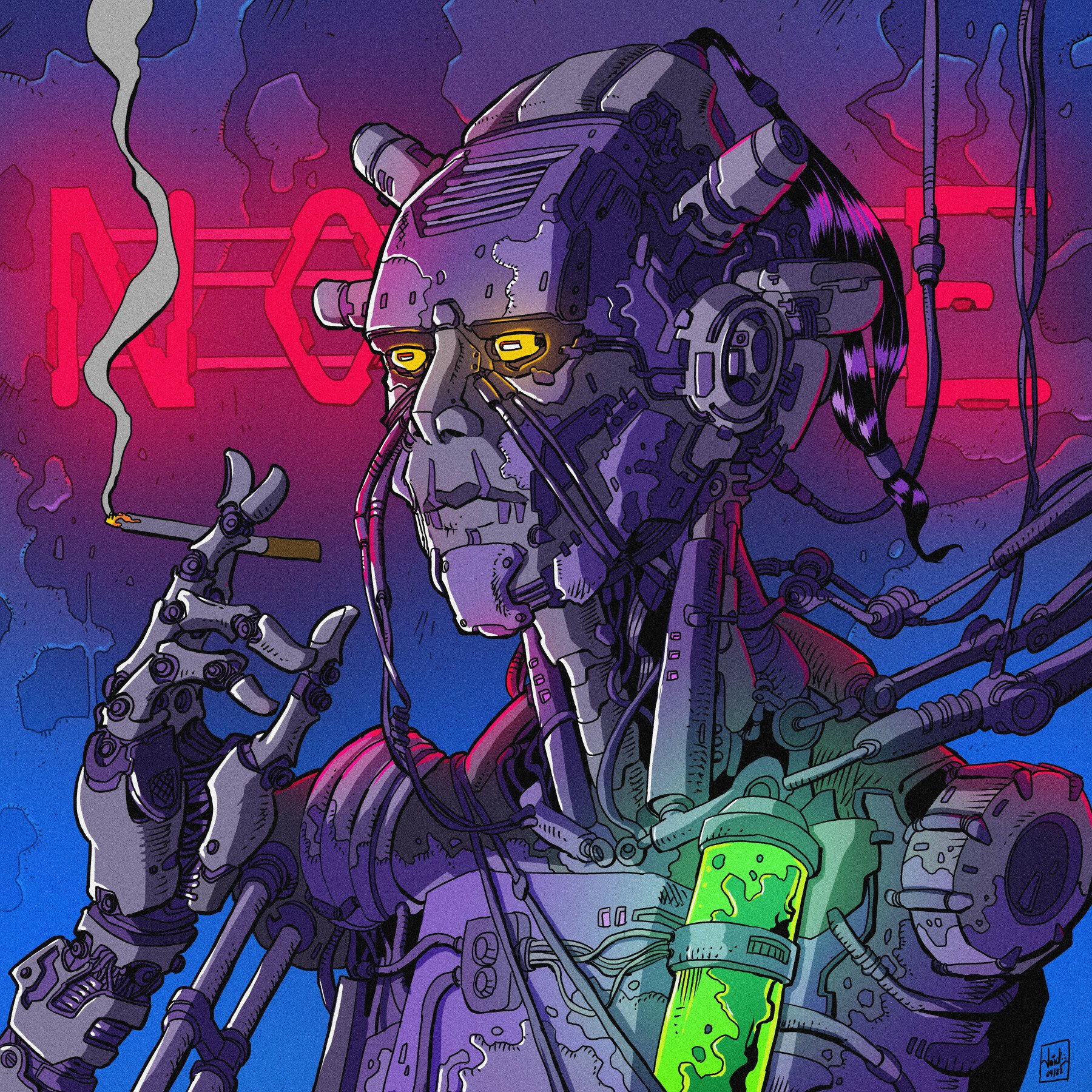Download Sci Fi Robot Cyberpunk Neon Smoking Art