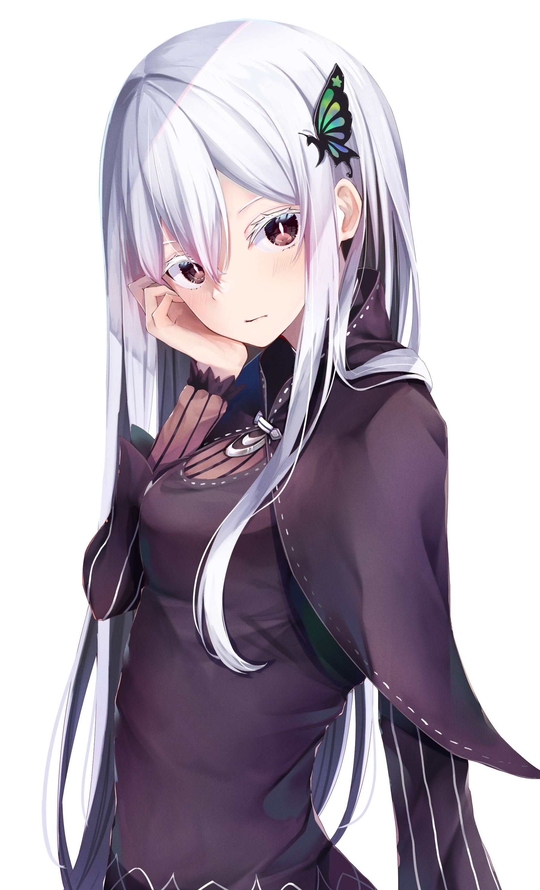 Echidna from Re:Zero − Starting Life in Another World: anime portrait of a silver‑haired witch with a green butterfly hairpin, soft expression and dark, elegant attire.