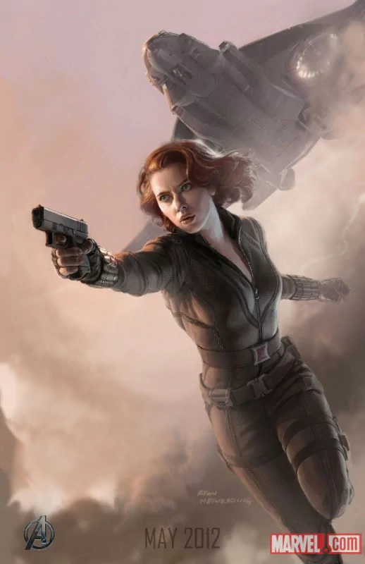 Natasha Romanoff as Black Widow in a comic-style Avengers scene, aiming a gun with a fighter jet flying overhead amid smoky clouds.