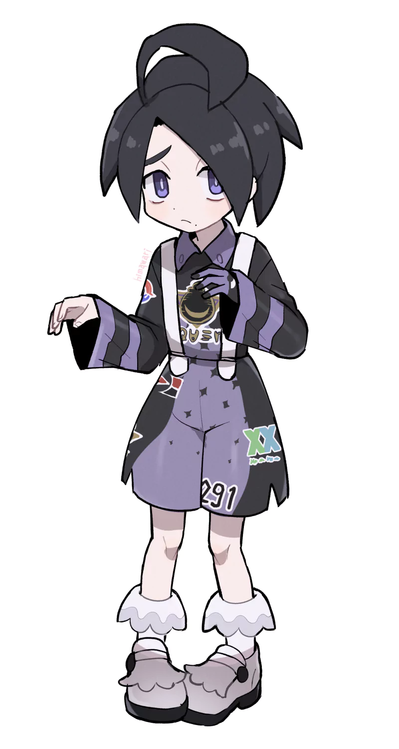 Allister (Pokémon) from the video game Pokémon: Sword and Shield — shy Ghost-type gym leader in a dark purple outfit and mask, standing with hands raised timidly.