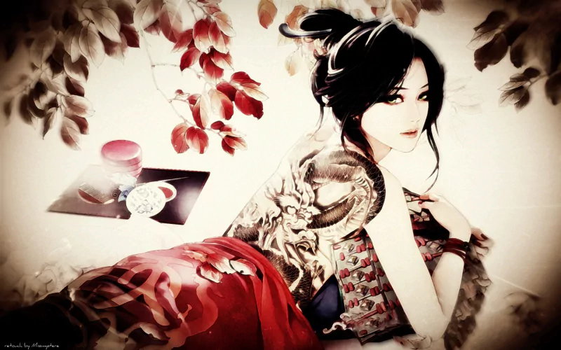 Artwork of a female character with intricate tattoos and traditional attire from the video game JX Online, set against a soft background with red and white foliage.