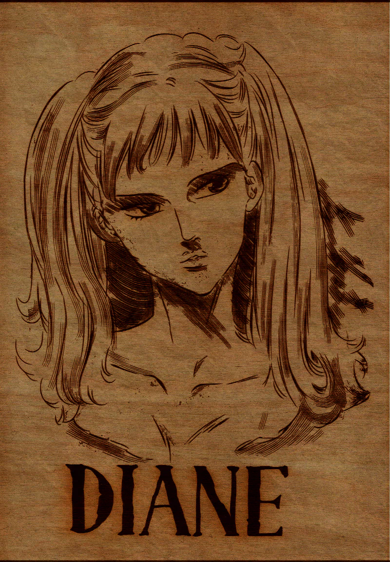 Sketch-style portrait of Diane from the anime The Seven Deadly Sins, drawn in sepia tones on textured paper with her name written below.