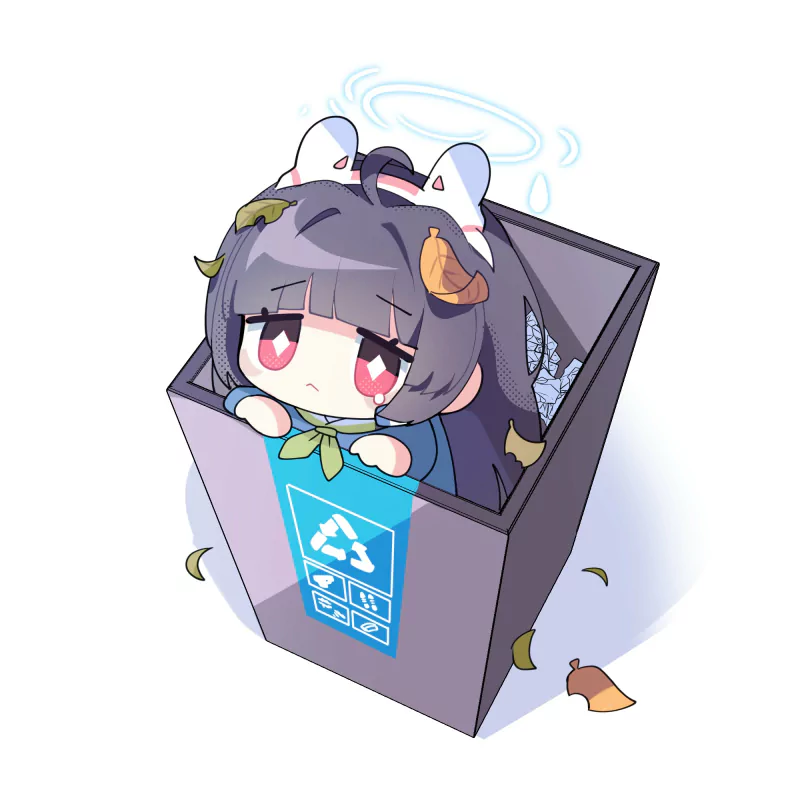 Chibi Blue Archive video game character with a cat‑ear headband and halo peeking out of a recycling bin, autumn leaves drifting around.