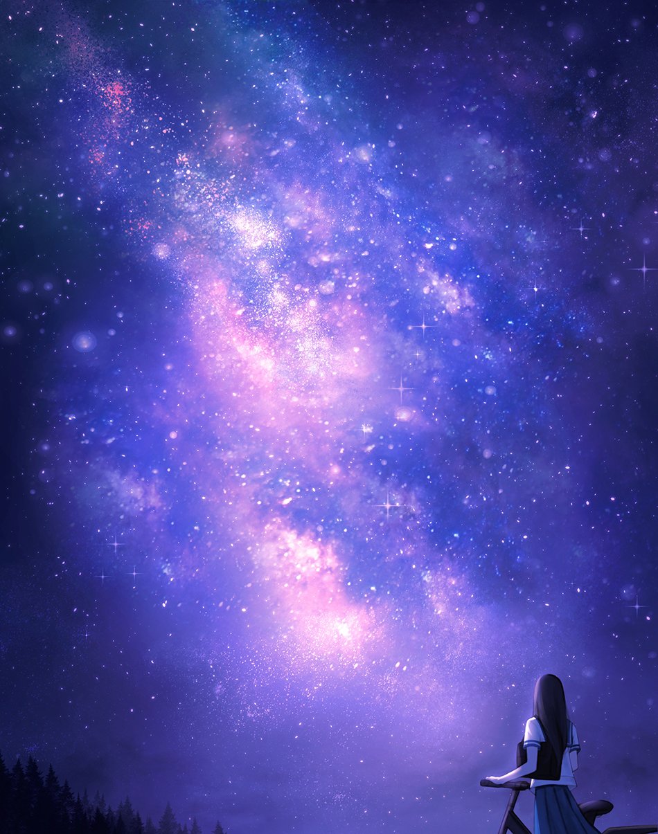 Anime-style illustration of a girl sitting and gazing at a breathtaking, star-filled night sky with vibrant cosmic colors and glowing constellations.
