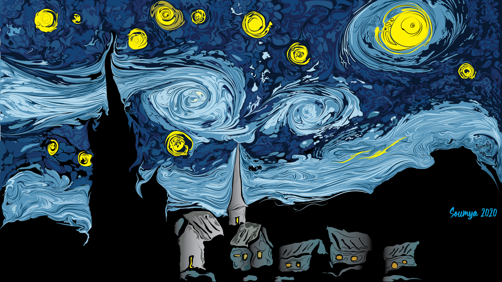 Vincent Van Gogh–inspired artistic night: swirling blue sky with luminous yellow stars, a dark cypress and steeple silhouette above a quiet village.