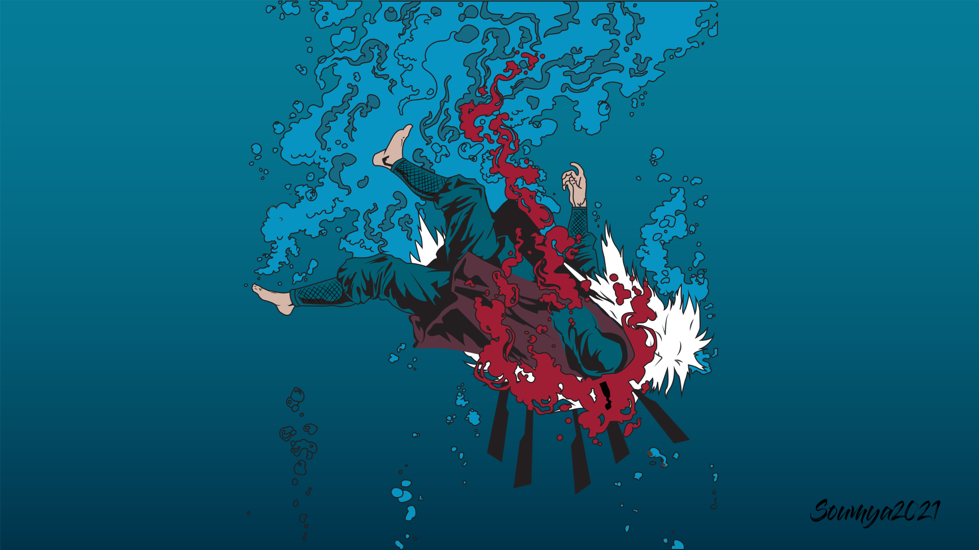 Jiraiya from Naruto is depicted underwater with dark red and black energy swirling around him in this dynamic anime-style illustration.