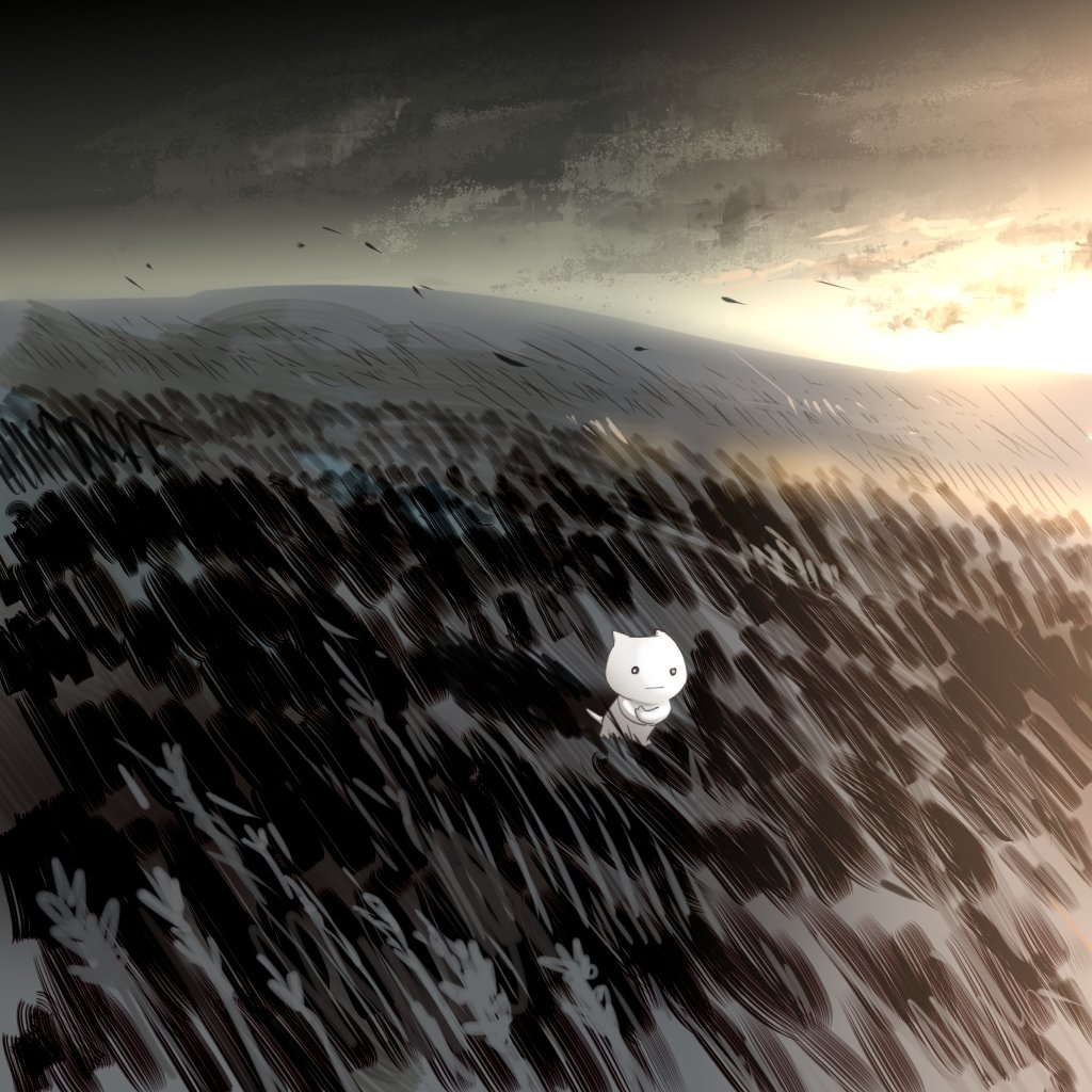 A small cute anime creature with a gentle smile stands in a windswept dark field as a golden sunrise breaks the horizon.