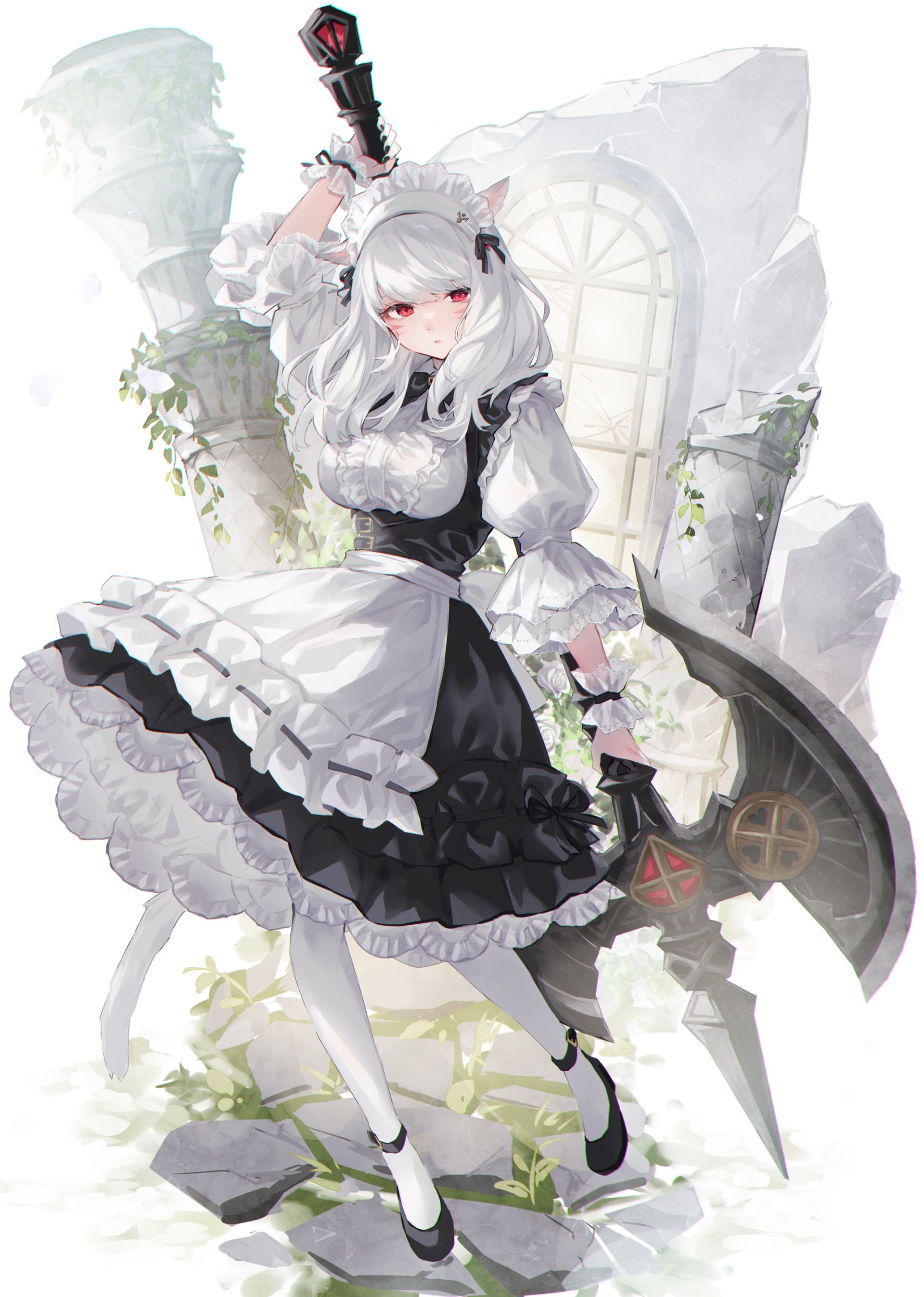 Cat-eared maid from the video game Final Fantasy XIV in a black-and-white frilled dress, wielding a large ornate axe amid crumbling stone pillars and sprouting greenery.