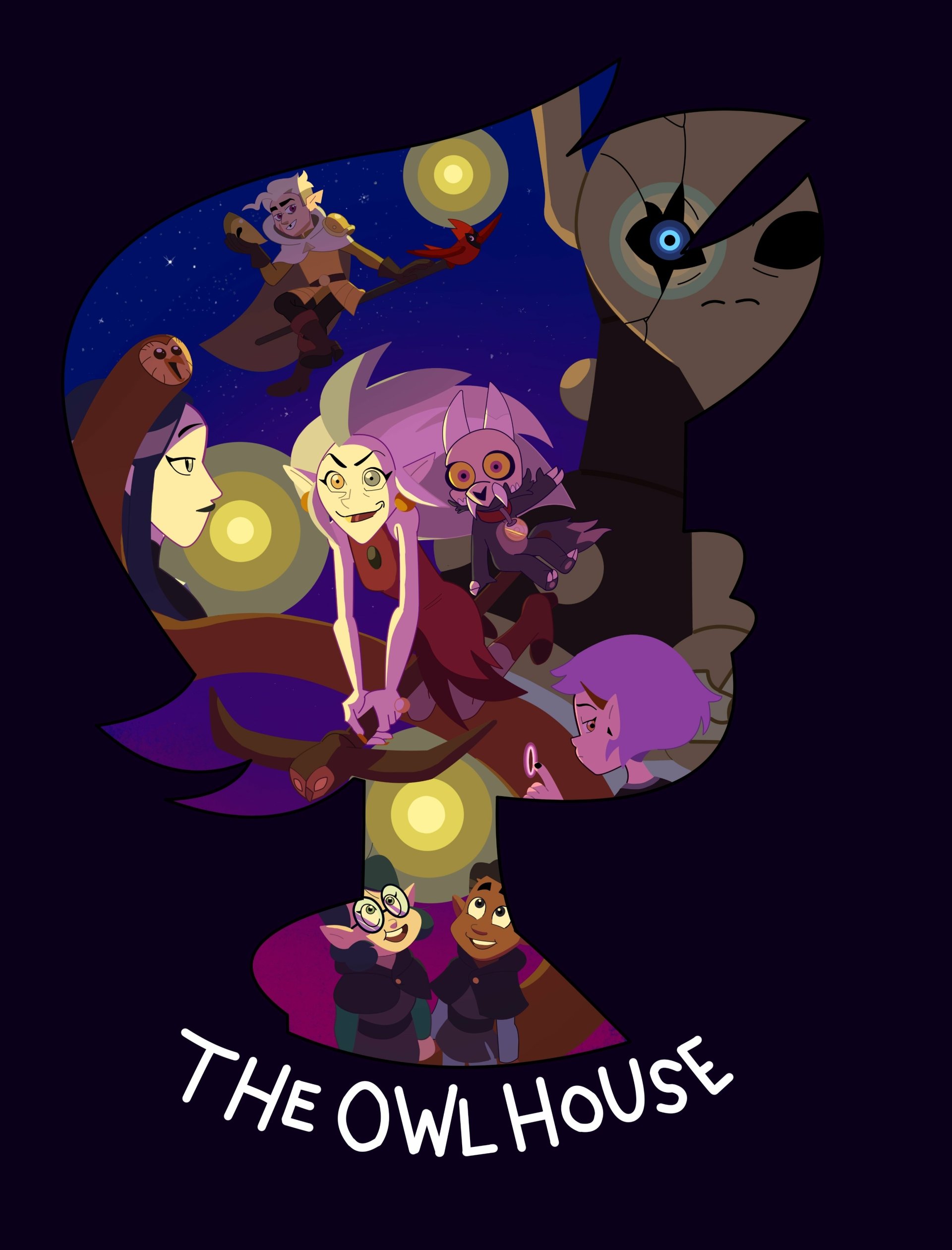 TV show The Owl House poster: silhouetted profile filled with Luz, Eda, King and other characters, glowing magical orbs and nighttime colors.