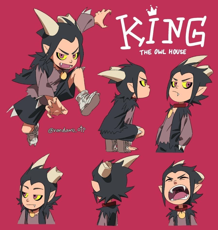 Character sheet of King Clawthorne from the TV show The Owl House — six cartoon poses on a magenta background showing playful, scheming, annoyed, and yelling expressions.