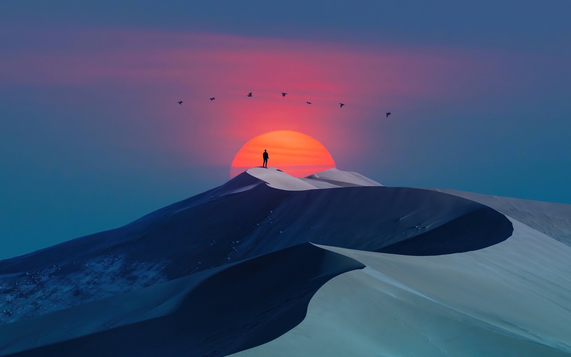 Artistic desert sunrise over rolling sand dunes, a lone figure on a crest as a huge sun rises and birds cross a colorful sky.