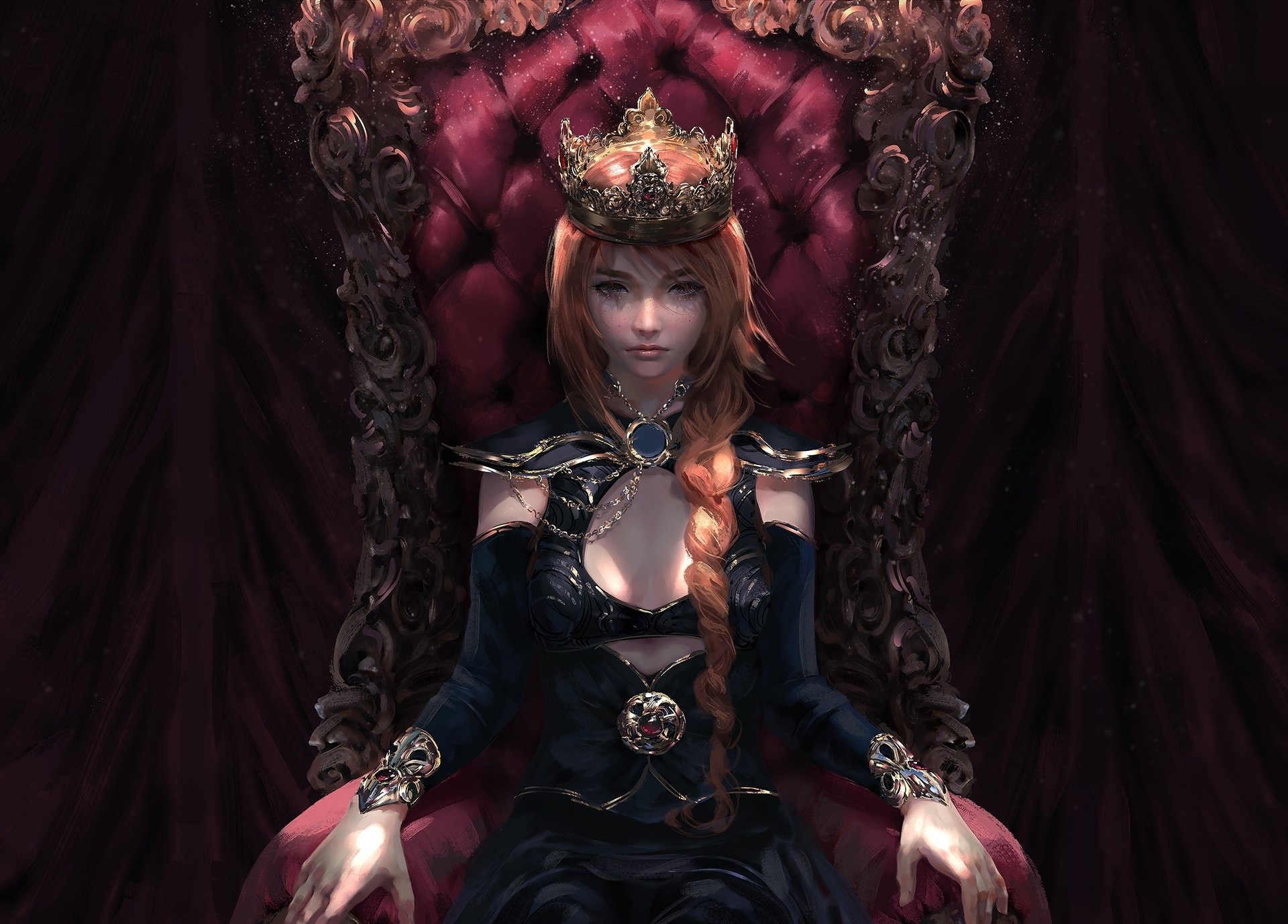 A red-haired princess with a braided hairstyle and a crown sits regally on an ornate throne, embodying a dark fantasy queen.