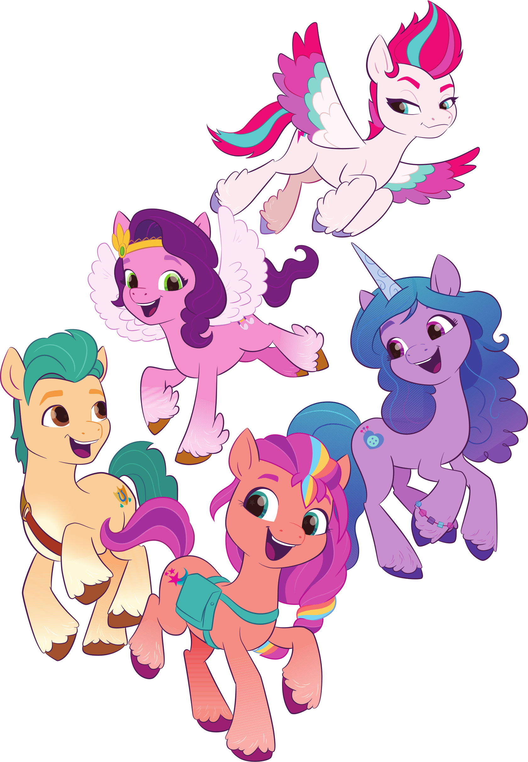Characters Pipp Petals, Zipp Storm, Izzy Moonbow, Hitch Trailblazer, and Sunny Starscout from the TV show My Little Pony: Make Your Mark in a joyful group pose.
