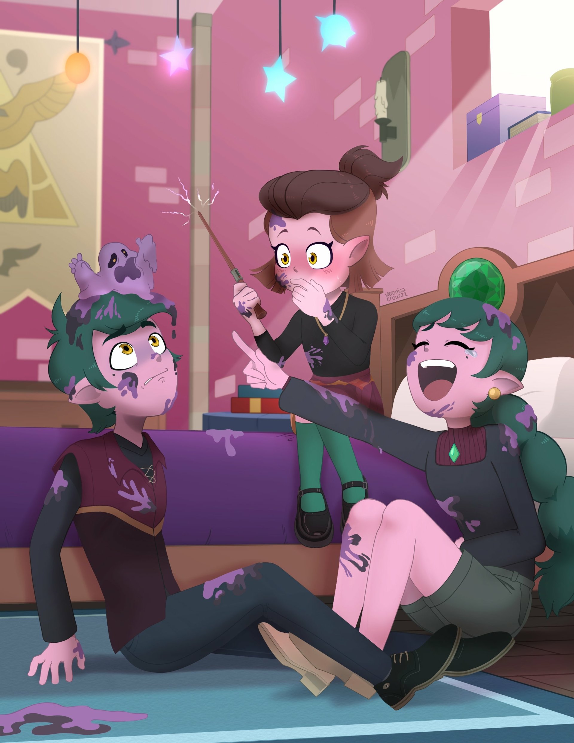 Emira, Edric and Amity Blight from The Owl House in a cozy pink room: Emira holds a wand, Amity laughs, and Edric is startled as sparkles and purple goo fly around them.