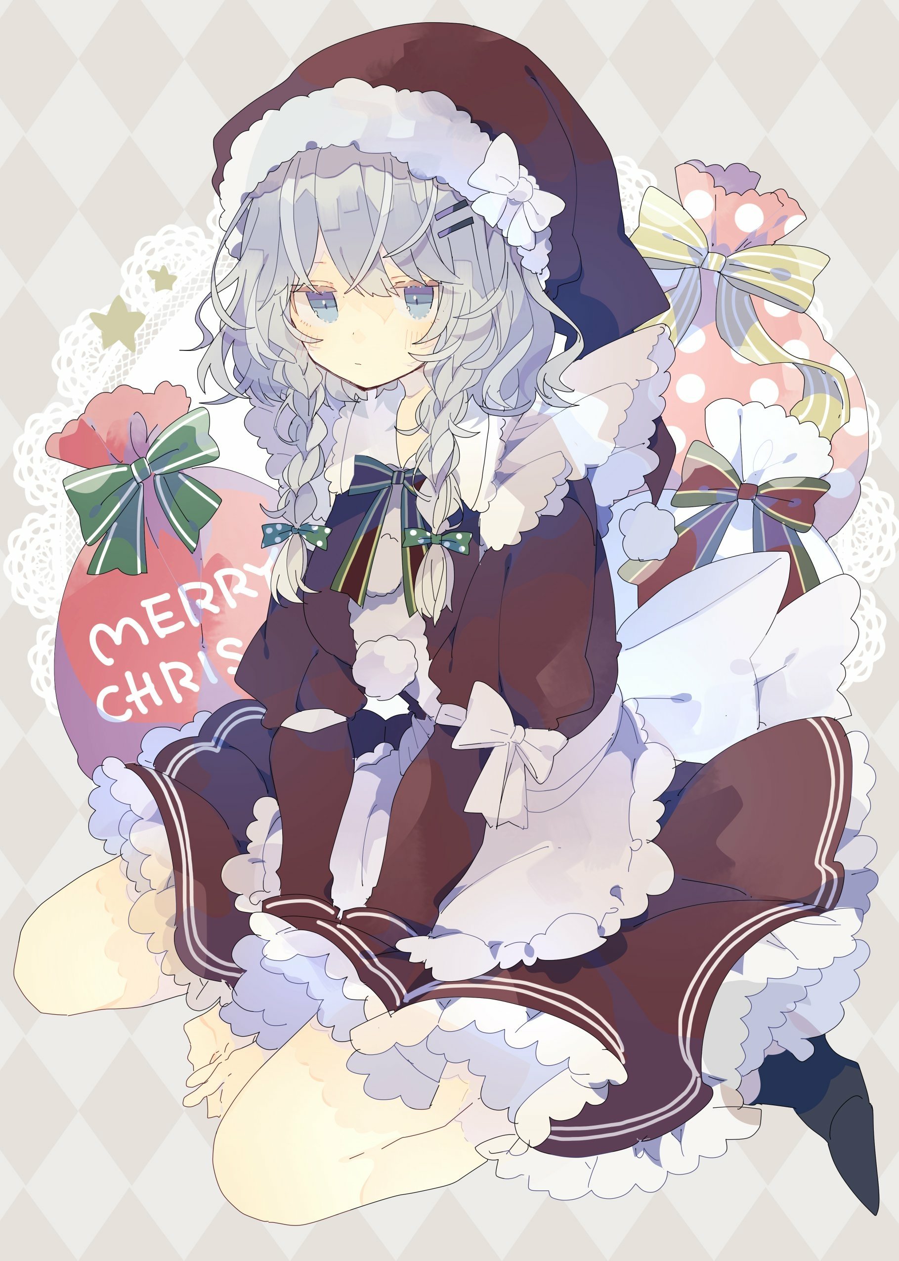 Sakuya Izayoi (Touhou) anime: silver-braided maid in a red-and-white Christmas outfit, seated among wrapped gifts with a calm, slightly distant expression.