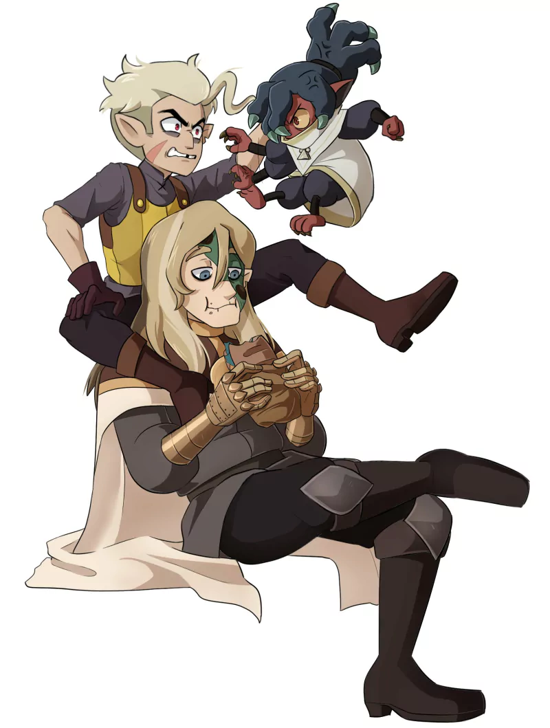 The Owl House TV show: Hunter scowling as Kikimora hovers above and Belos sits relaxed holding a cup.