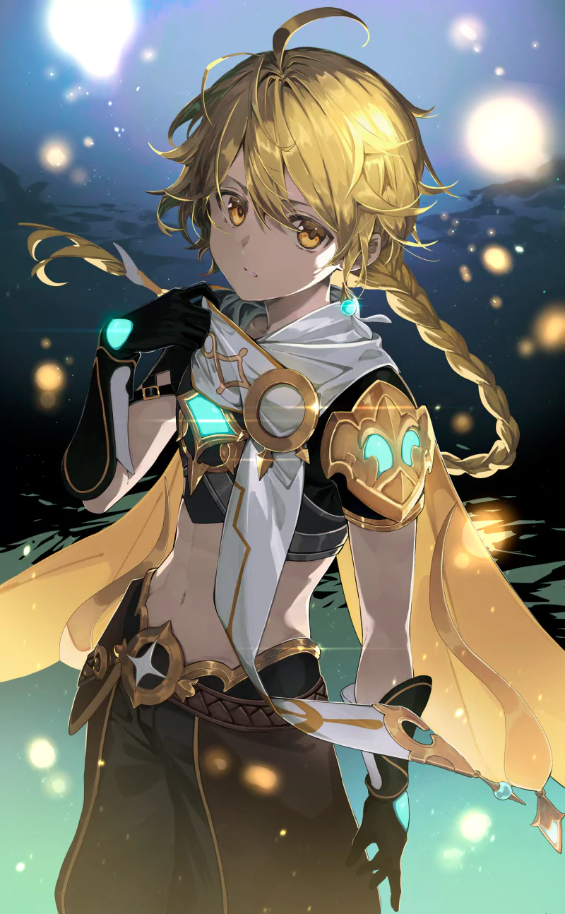 Aether (Genshin Impact) — Genshin Impact video game character: blonde traveler in gold-and-white attire with braided hair, glowing gems and a sword against a starry glow.