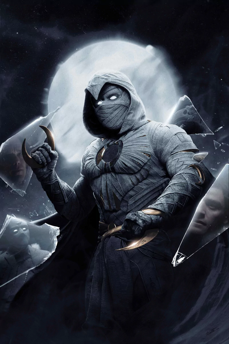 TV show Moon Knight — hooded, bandaged vigilante in crescent-themed armor with glowing eyes, wielding crescent blades against a backdrop of a full moon.