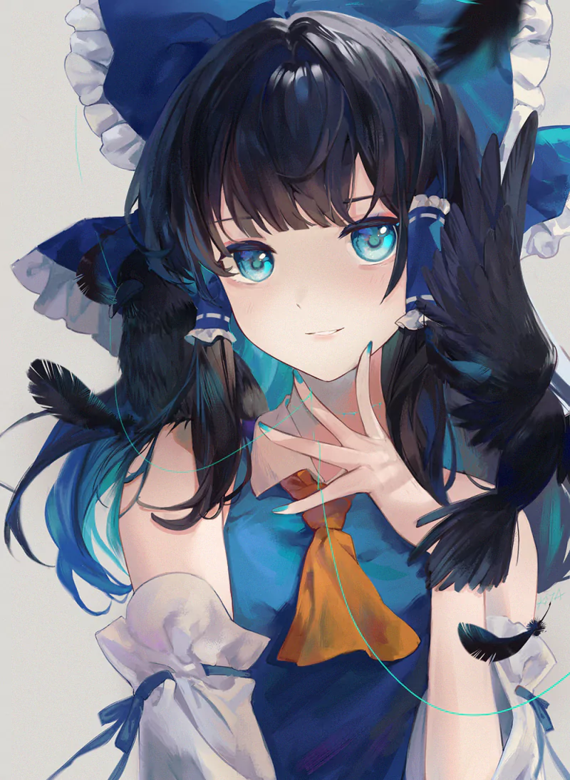 Anime-style illustration of a Touhou character with blue eyes, dark hair, and a blue and white outfit, surrounded by black feathers.