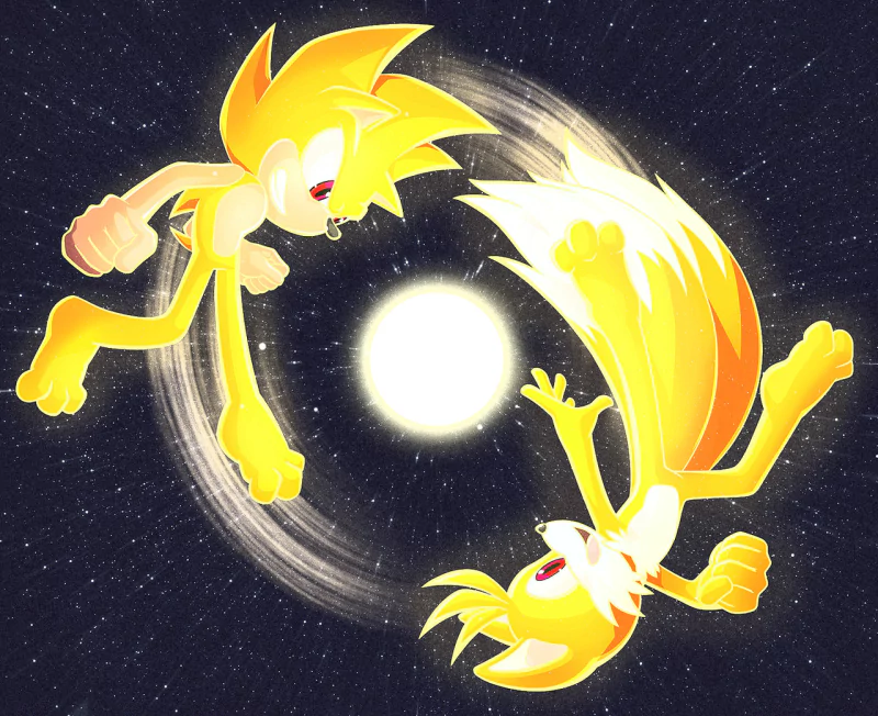 Super Tails and Super Sonic, glowing and in dynamic poses, appear to charge toward a bright energy orb in this vibrant Sonic the Hedgehog video game artwork.