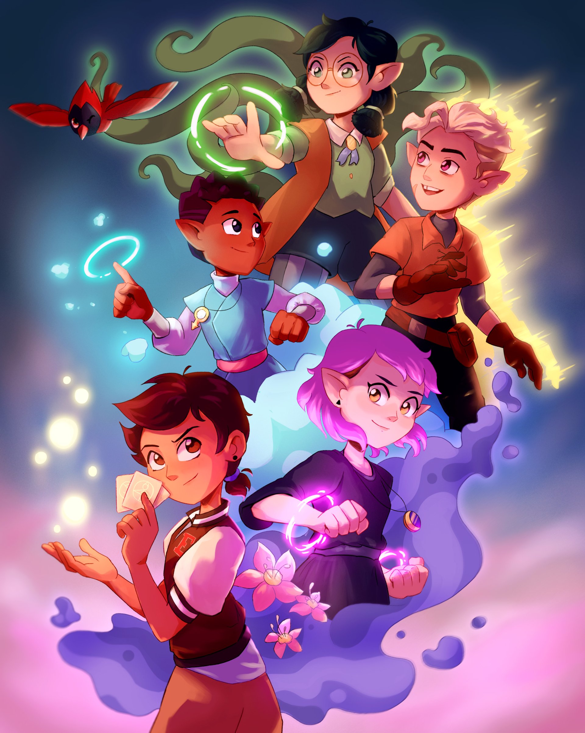 The Owl House fan art: Willow Park, Gus Porter, Hunter, Amity Blight and Luz Noceda wield glowing magic together beneath a small red bird.