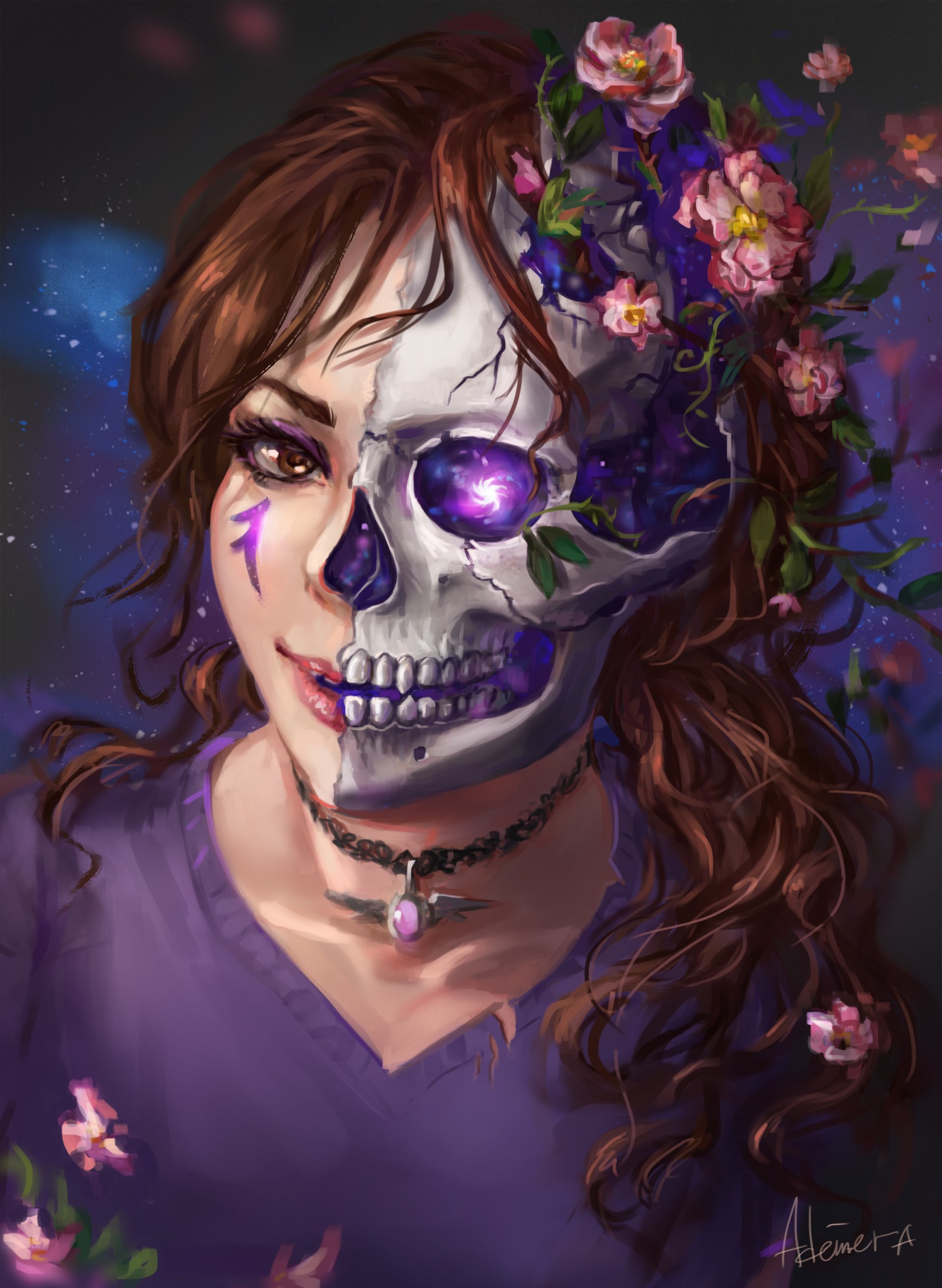 Download Scull Purple Rose Portrait Woman Fantasy Girl Art by Ademera