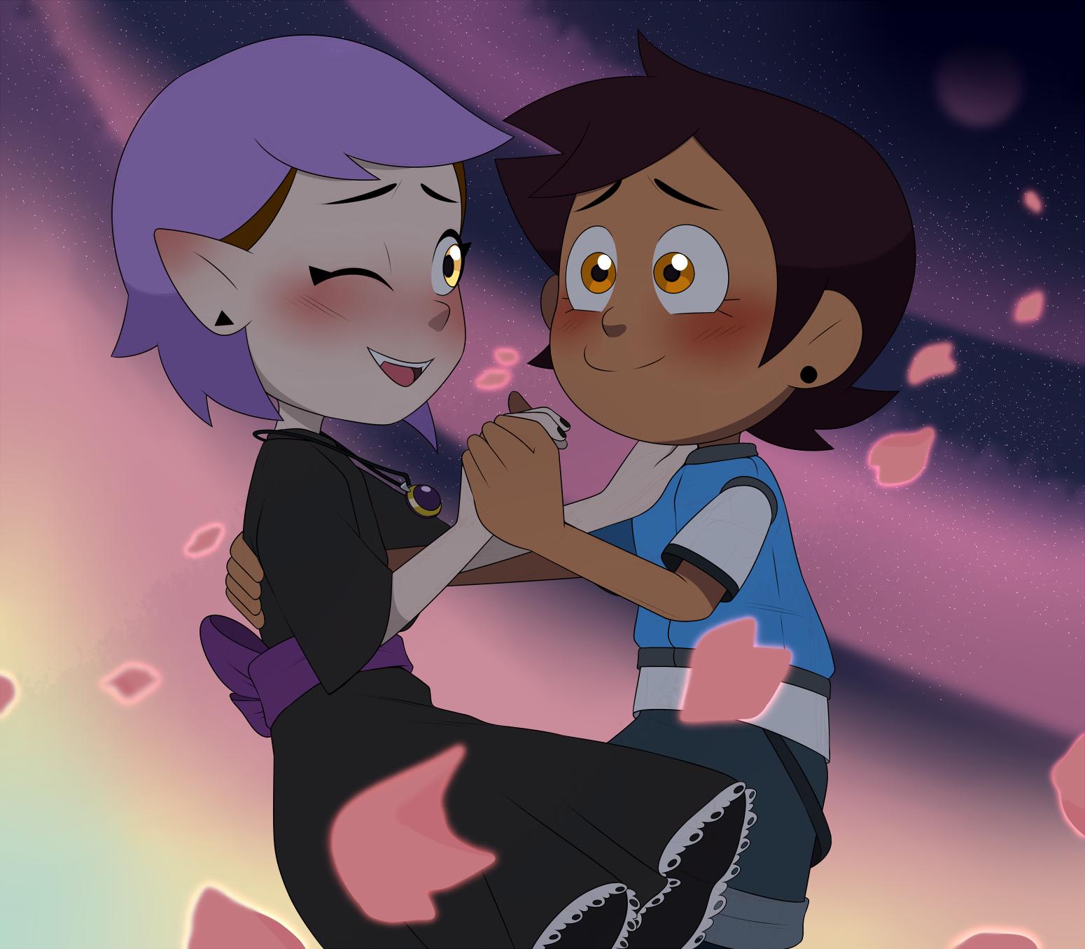 Amity Blight and Luz Noceda from the TV show The Owl House blush and hold hands, smiling as pink petals drift around them against a glowing, starry evening sky.