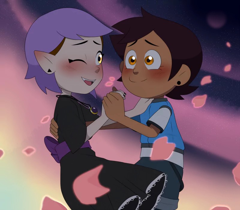 Amity Blight and Luz Noceda from the TV show The Owl House blush and hold hands, smiling as pink petals drift around them against a glowing, starry evening sky.