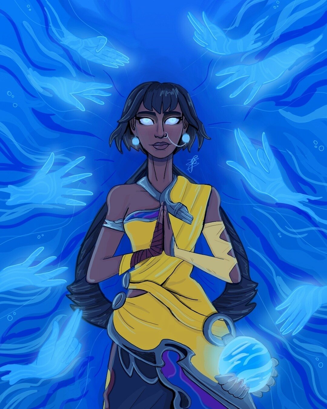 Digital artwork of Nilah from League of Legends with glowing eyes, hands clasped in prayer, surrounded by ethereal blue hands and a mystical blue orb.