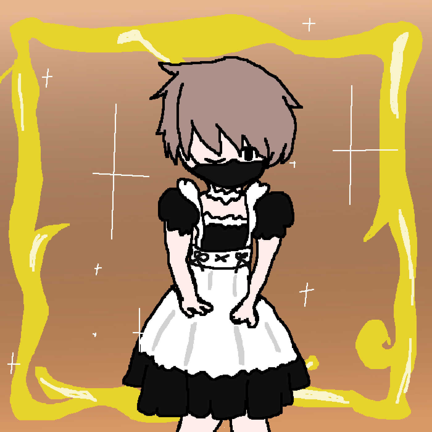 A male femboy dressed in a black and white maid outfit with a mask, standing against a brown background with a glowing yellow frame and sparkles.