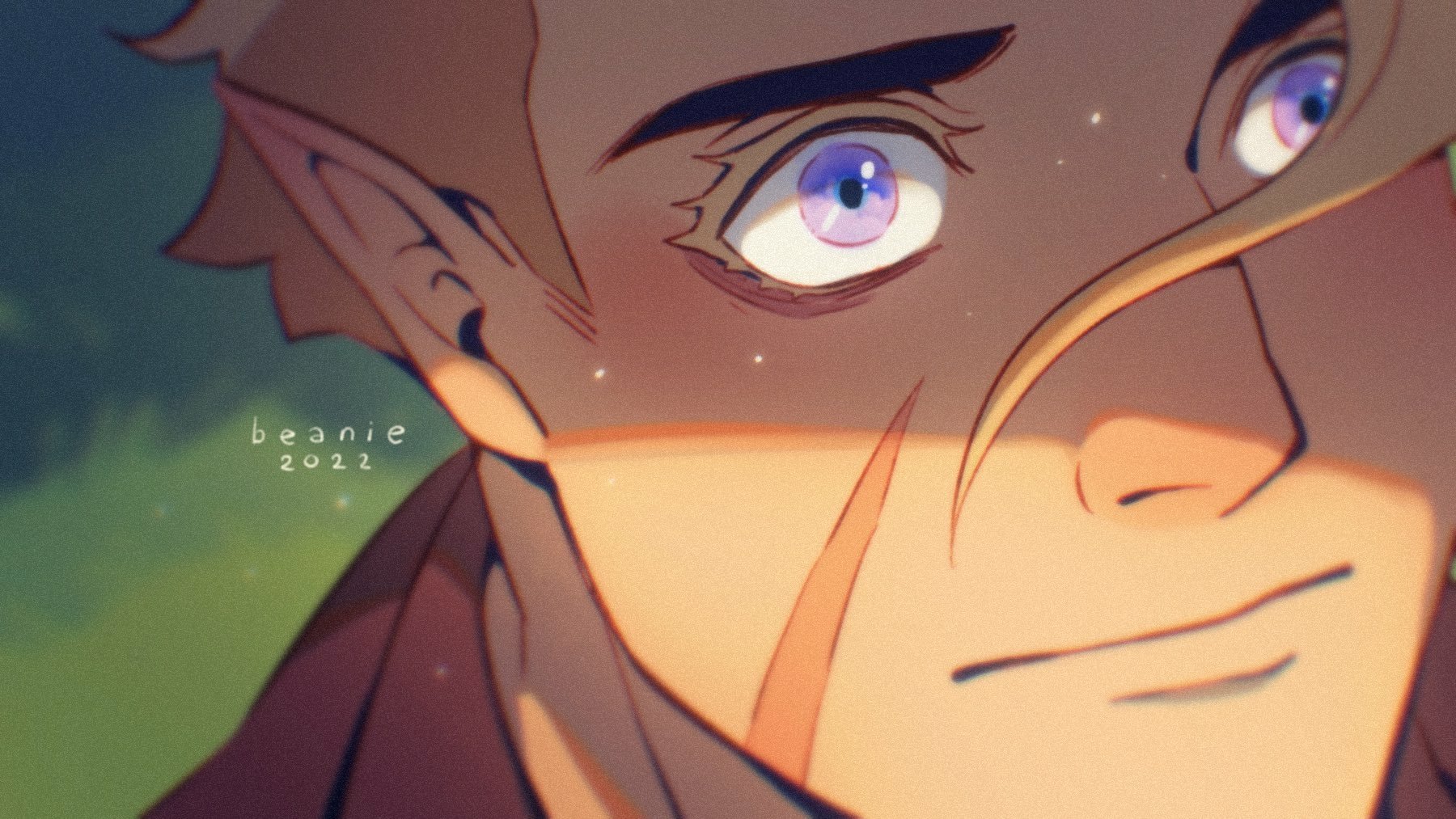 Close-up of Hunter from The Owl House, warm sunset light across his scarred cheek, pale purple eyes and pointed ear, wearing a faint, determined expression.