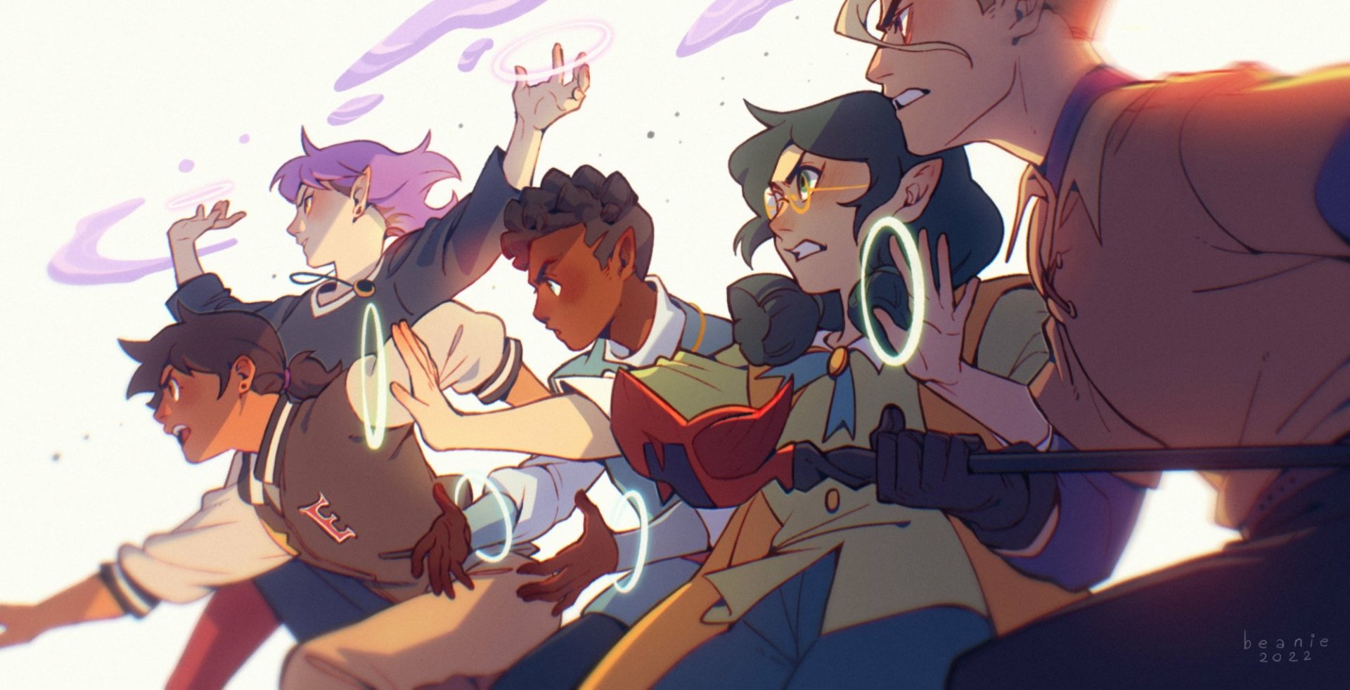 Luz Noceda, Amity Blight, Gus Porter, Willow Park and Hunter from The Owl House charge forward in a dynamic pose, determined faces and swirling magical energy around them.