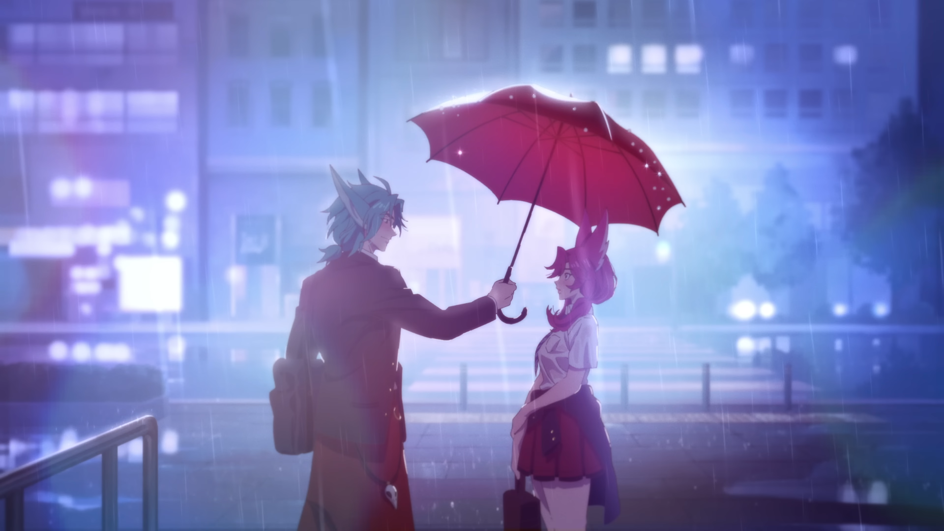 Xayah and Rakan from the video game League of Legends share a quiet moment in a rainy city street as Rakan holds a red umbrella over Xayah beneath neon lights.