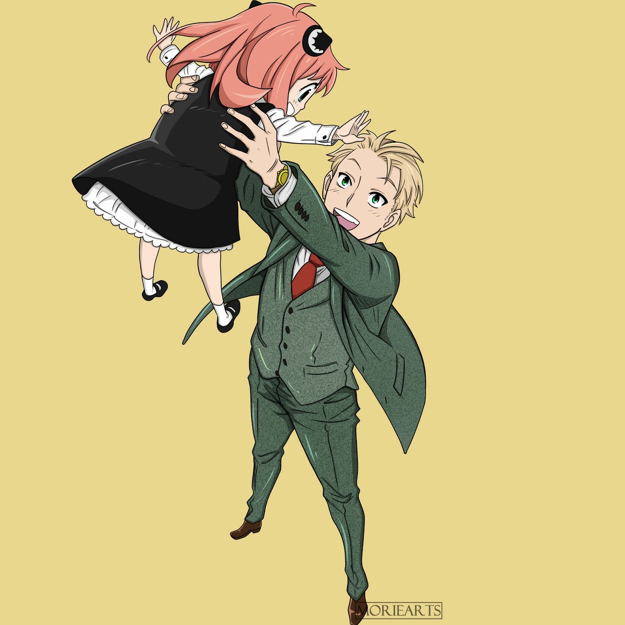 Loid Forger joyfully lifts Anya Forger above him, both smiling in a bright Anime Spy x Family illustration.