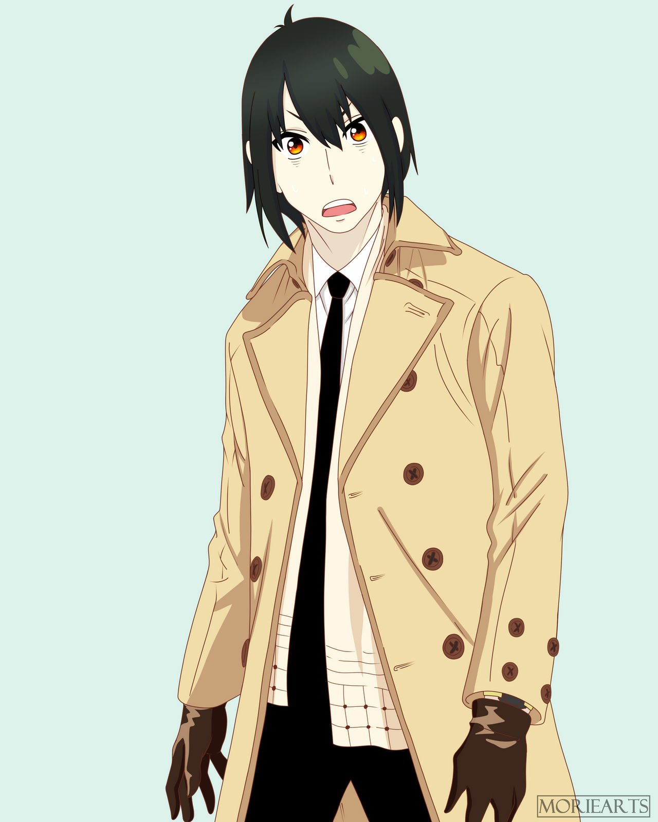 Anime-style illustration of Yuri Briar from Spy x Family, wearing a beige trench coat, black gloves, and a black tie, with a surprised expression.