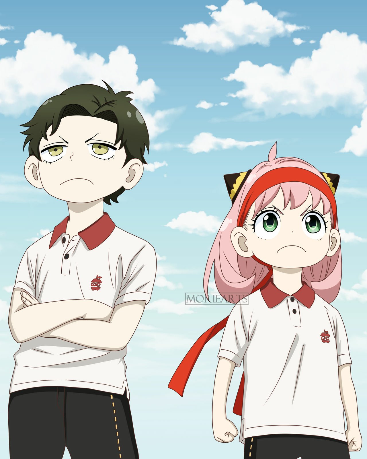 Damian Desmond and Anya Forger from Spy x Family stand side by side in white school polos—Damian arms crossed and scowling, Anya with clenched fists and a determined look under a blue sky.
