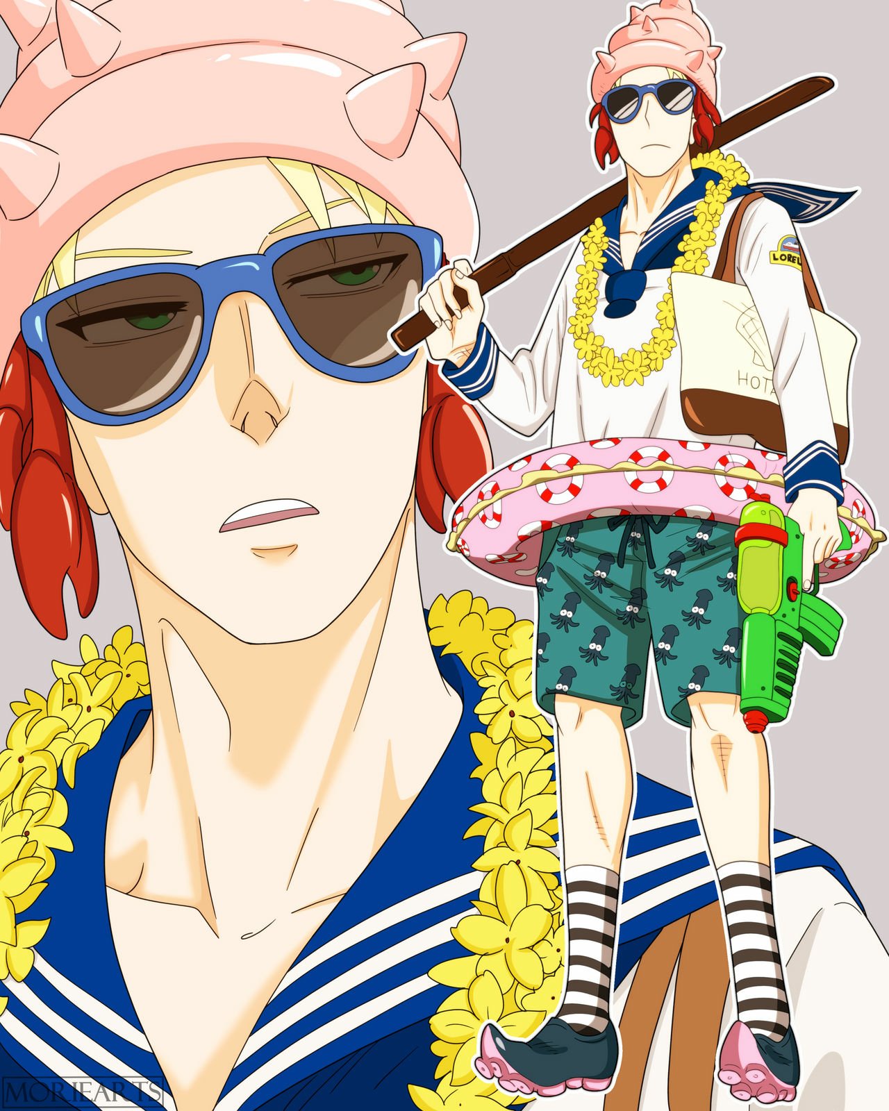 Loid Forger (Spy x Family) in a comedic beach ensemble: sailor top, tropical lei, sunglasses, pink spiked hat, swim trunks, inflatable ring and water gun.