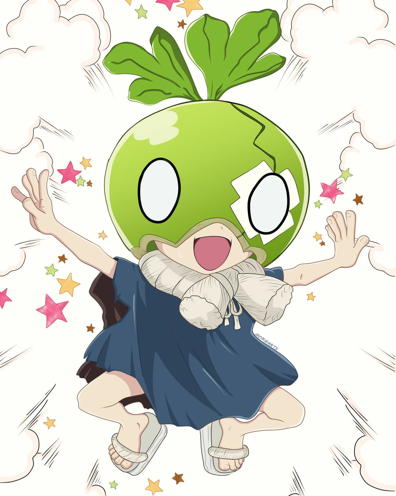 Suika from the anime Dr. Stone leaps joyfully with arms outstretched, wearing her cracked green gourd helmet, blue dress, scarf and sandals amid colorful stars.