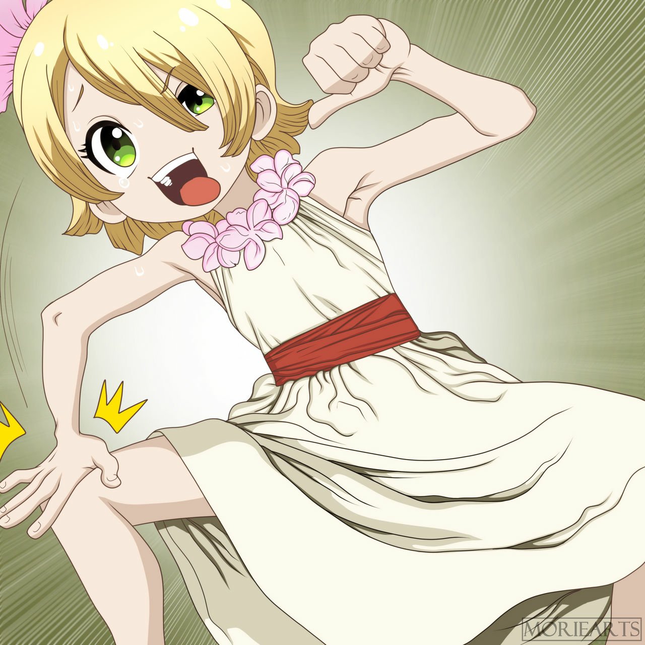 Ginro (Dr. Stone) anime-style: energetic blond youth in a white dress with red sash and flower necklace, grinning and striking a lively, playful pose.