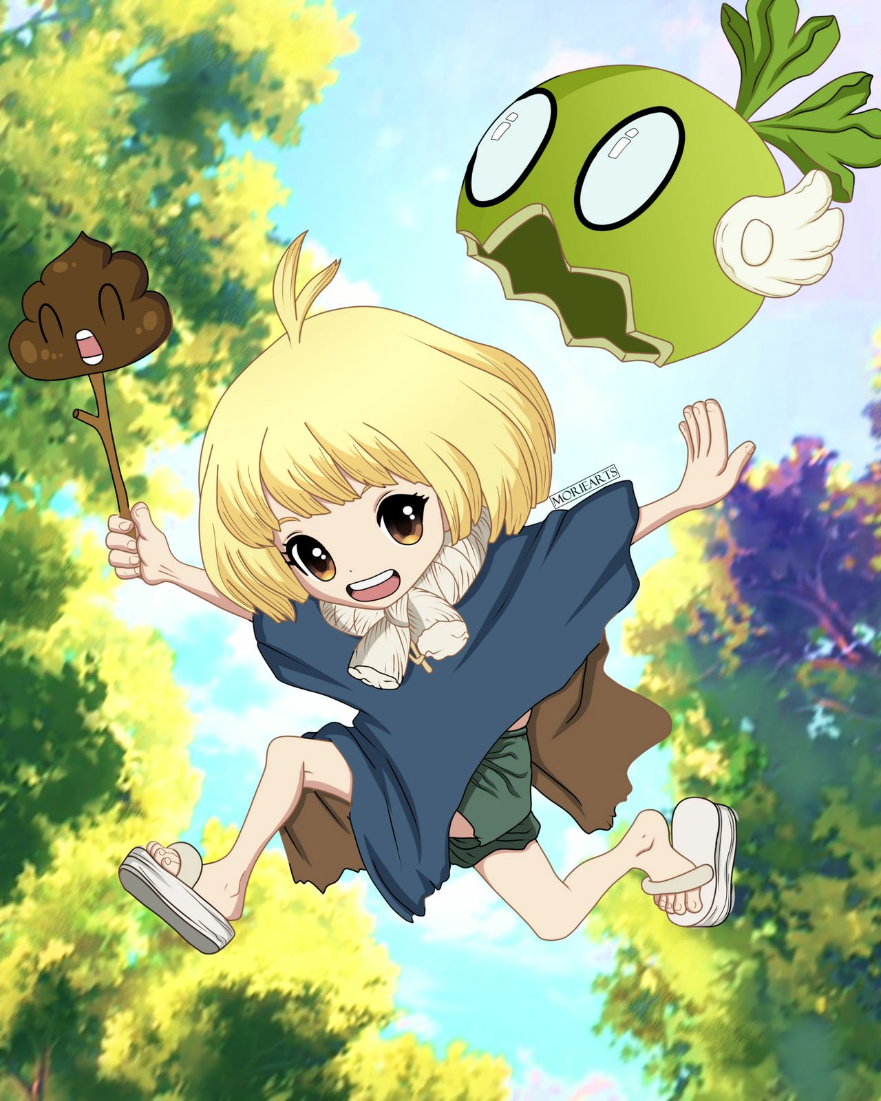 Suika (Dr. Stone) — anime: young blonde Suika jumps joyfully through a sunlit forest, holding a stick with a charm as a green gourd-like companion floats beside her.