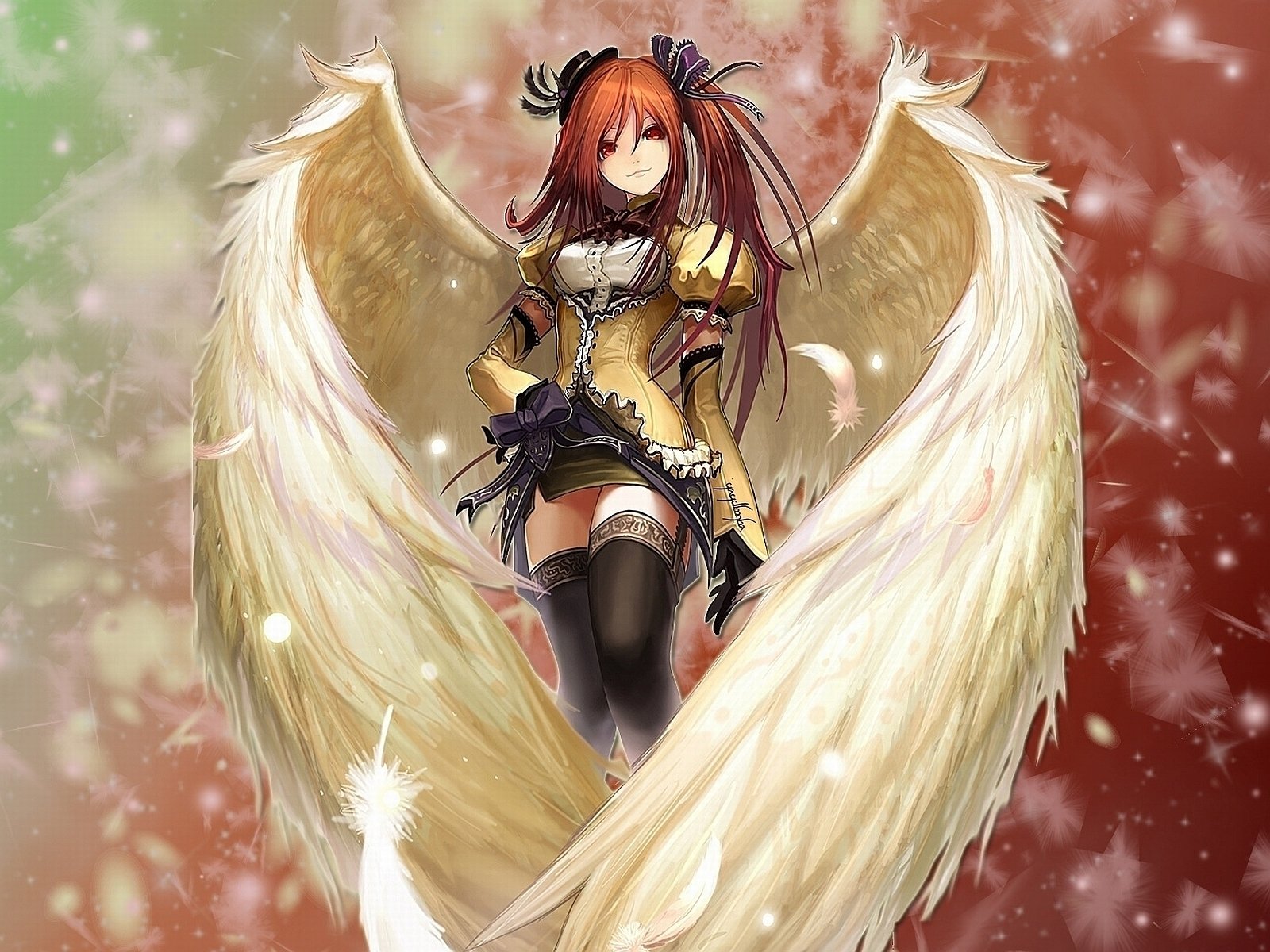 An anime character from Aquarian Age, featuring orange hair, red eyes, and wings, smiles while wearing a hat, thigh-highs, and a stylish skirt against a colorful background.