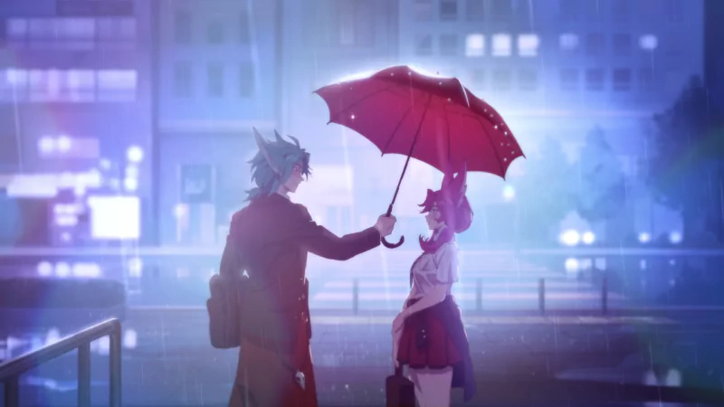 Xayah and Rakan from the video game League of Legends share a quiet moment in a rainy city street as Rakan holds a red umbrella over Xayah beneath neon lights.