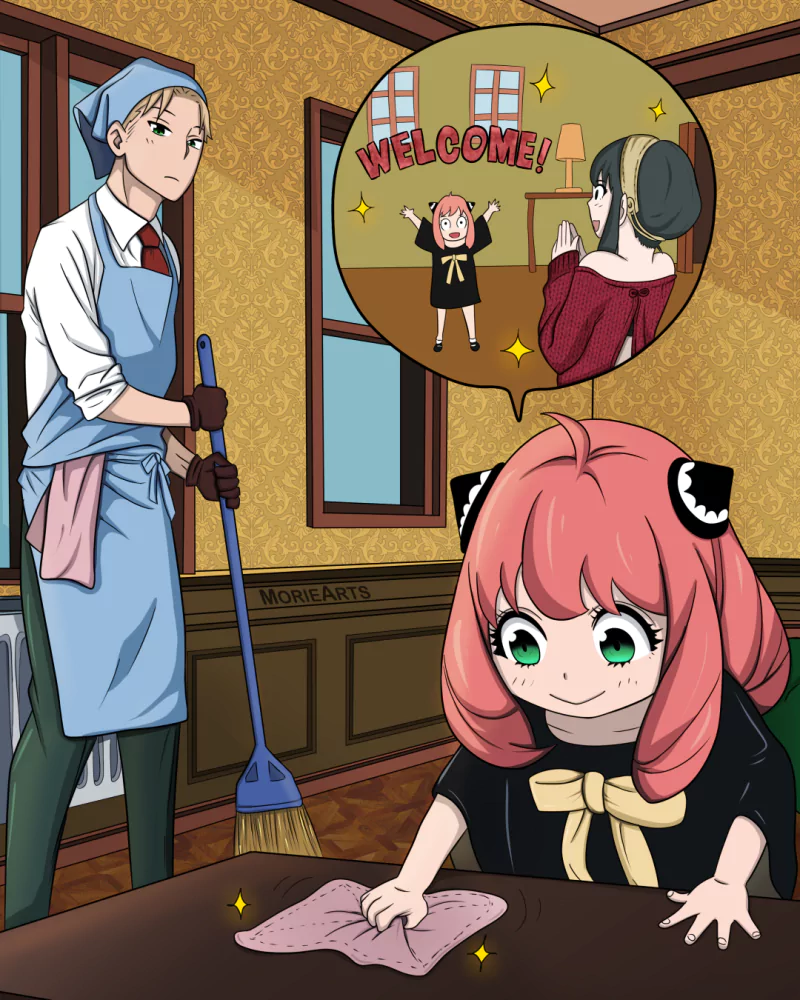 Loid Forger mopping while Anya Forger eagerly wipes a table, imagining a welcome scene in a thought bubble — Anime, Spy x Family.